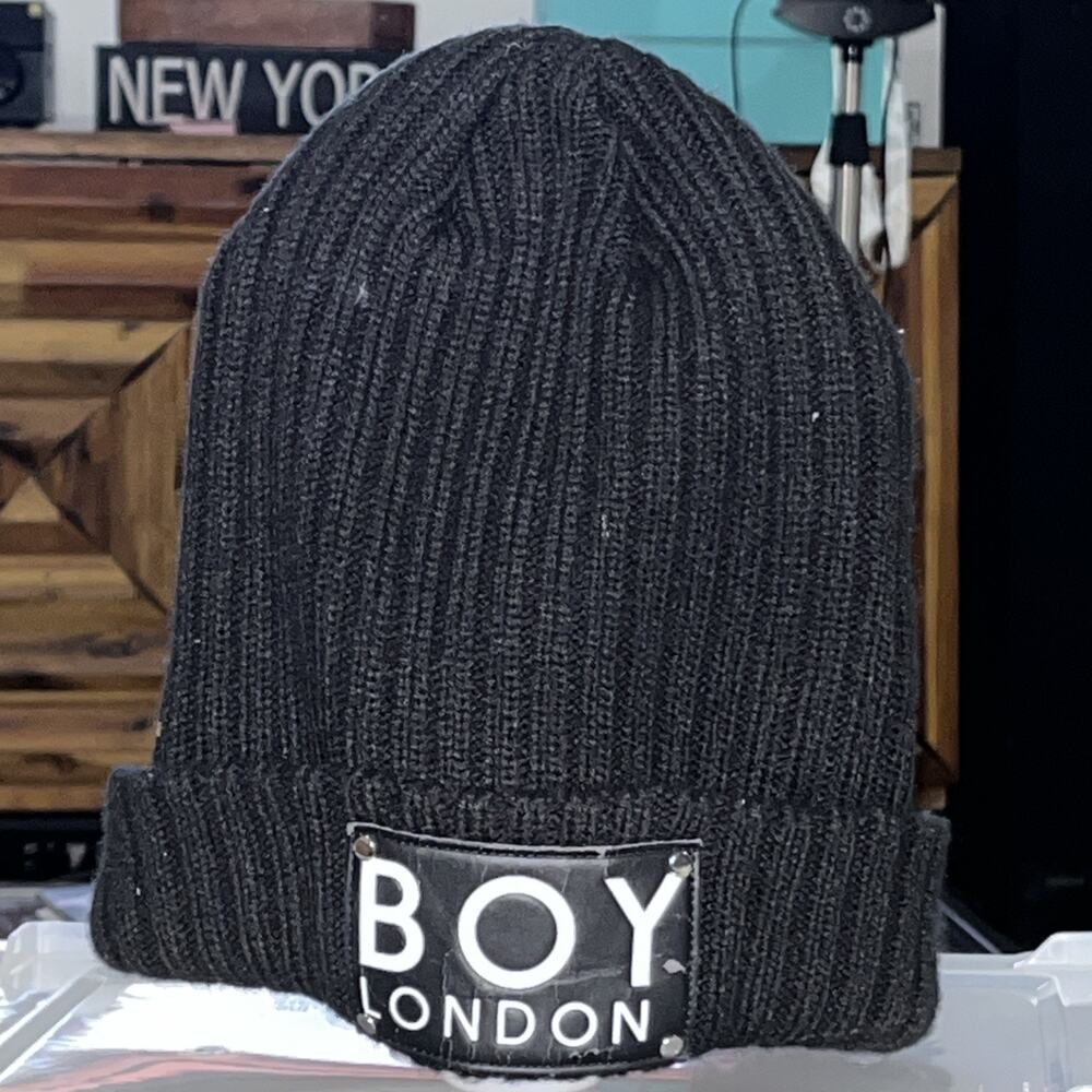 Boy London Black One Size knit beanie featuring a prominent branded patch
